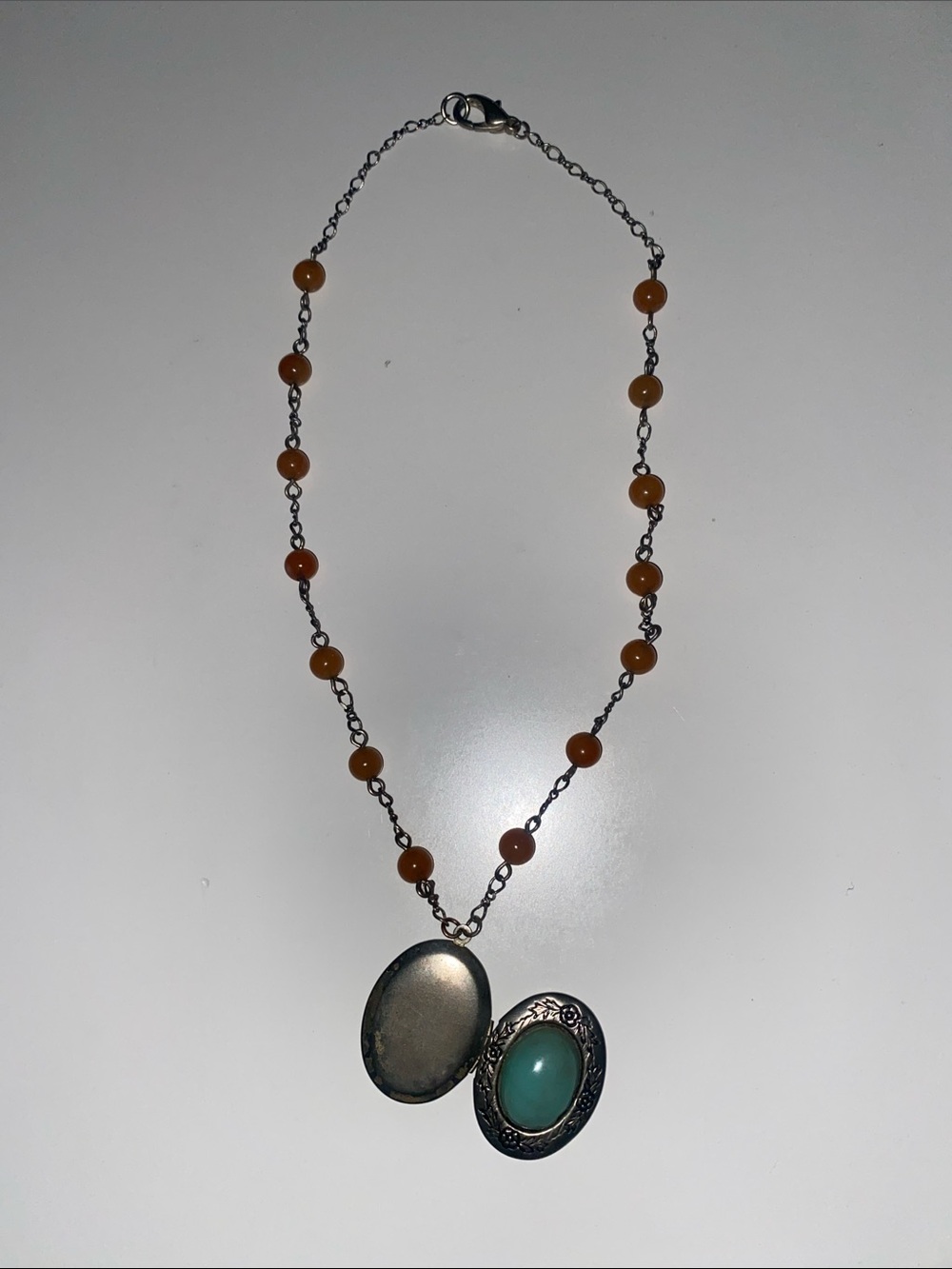 Vintage Silver Locket Necklace with Green Stone and Amber Beads